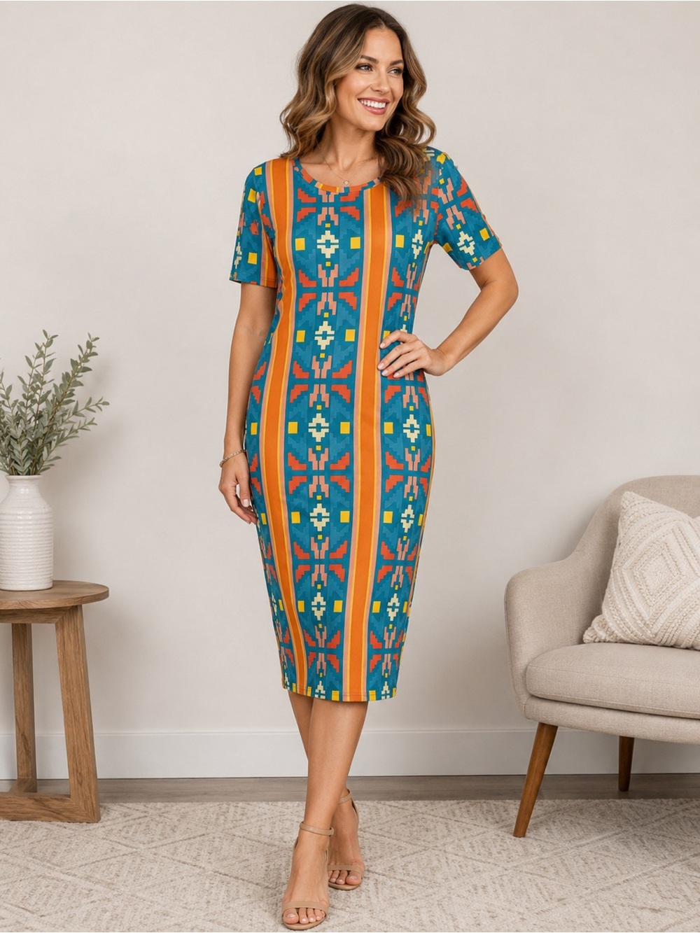 LuLaRoe Julia Dress Large Teal Orange Geometric Print Stretch Midi NWT